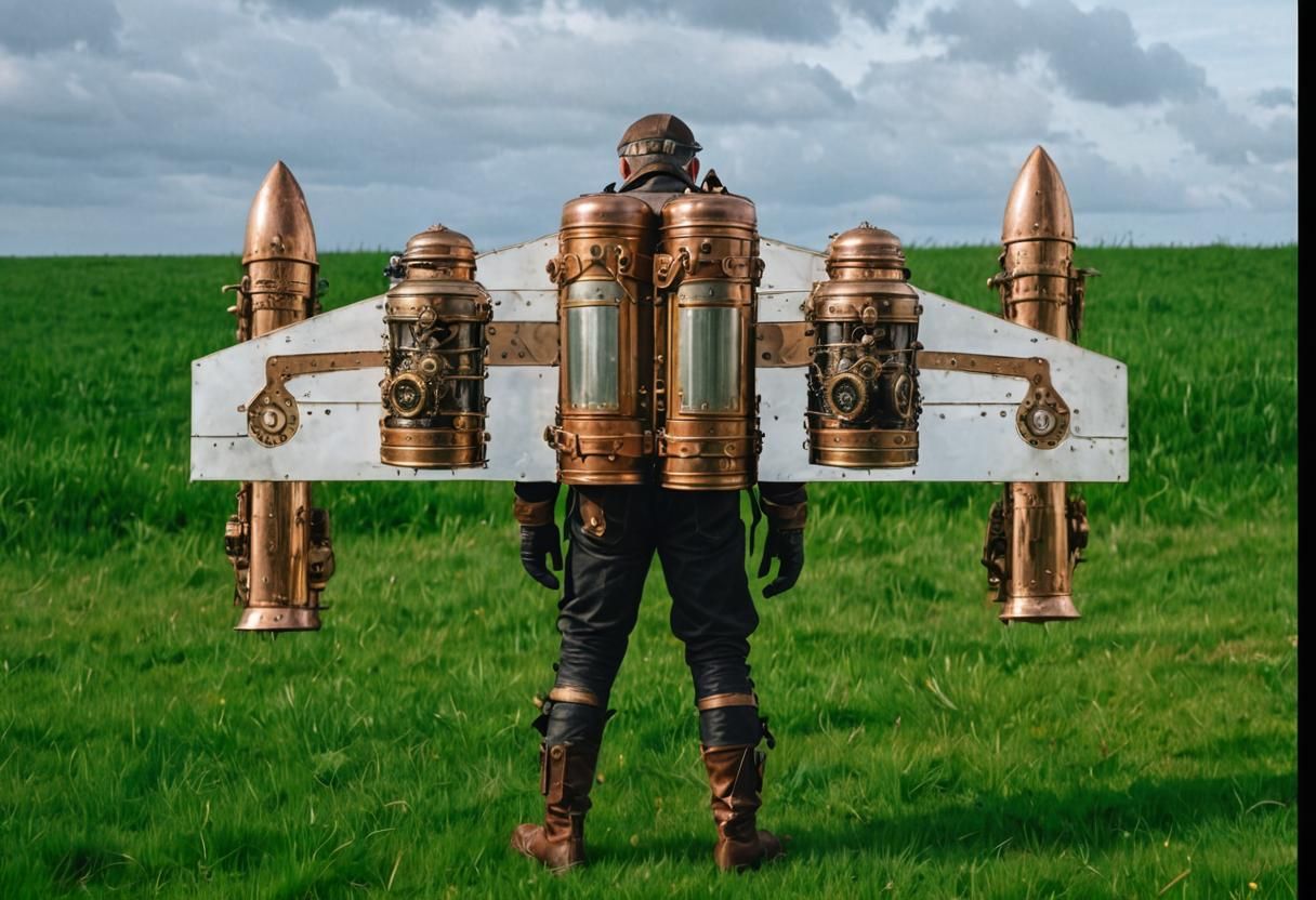 Steampunk Aviator with Copper Jetpack in Field