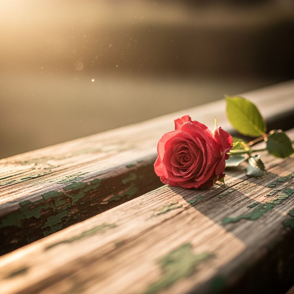 Delicate Red Rose on Weathered Bench in Golden Light