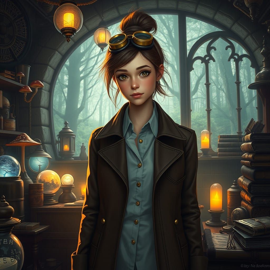 Steampunk Scientist in Mystical Forest Laboratory
