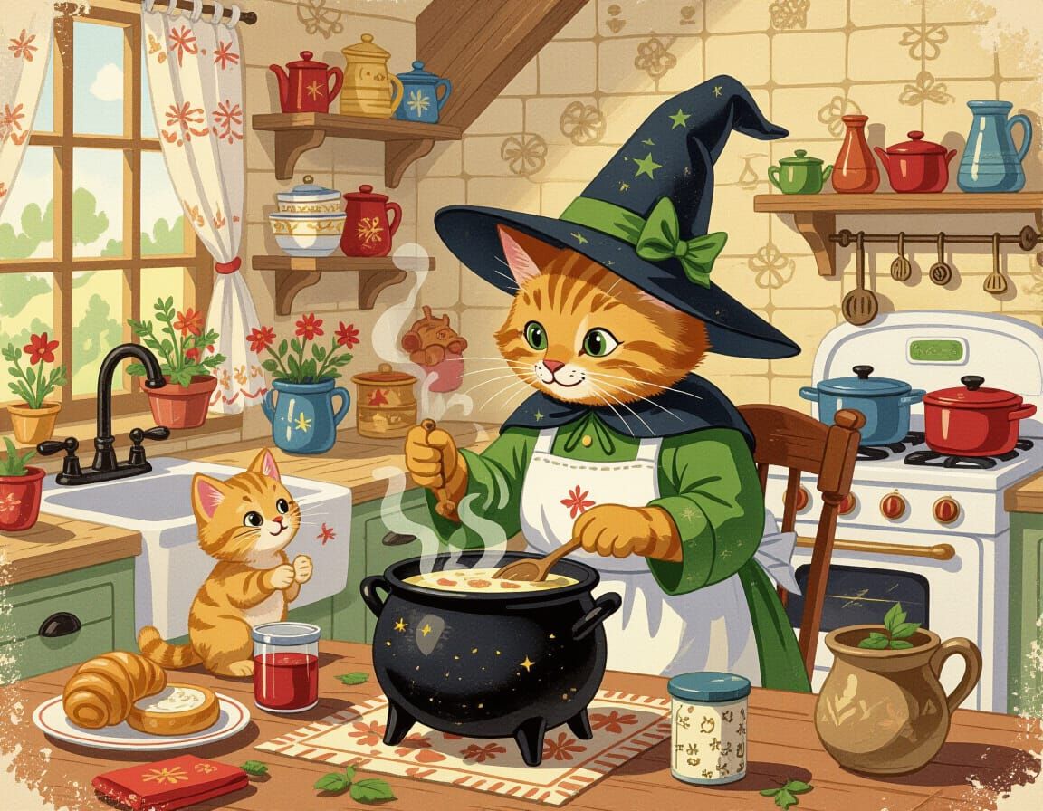 Cozy Witch Cooking Magical Dishes with Kitten Familiar