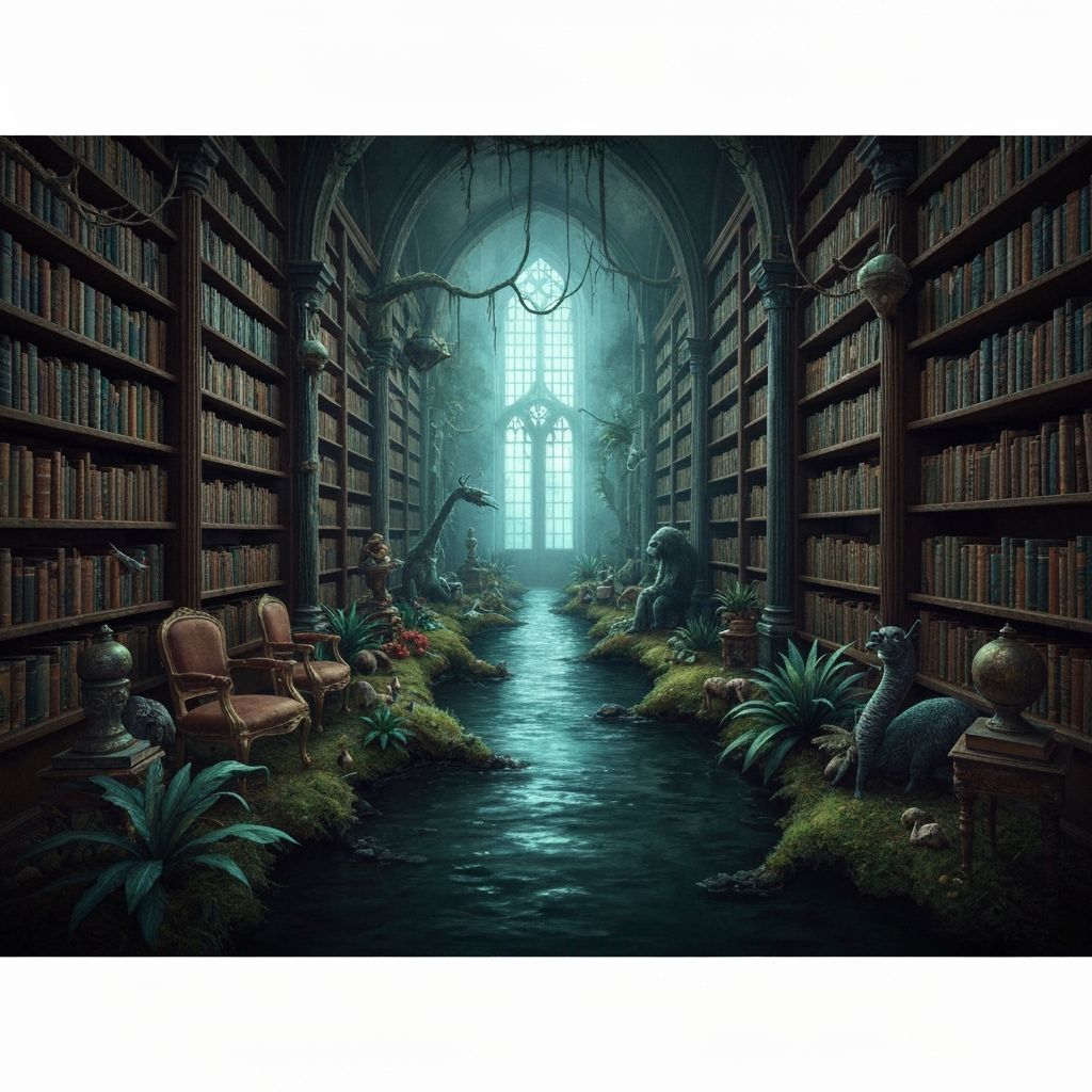 Victorian Library Entwined with Nature: Gothic Surrealism