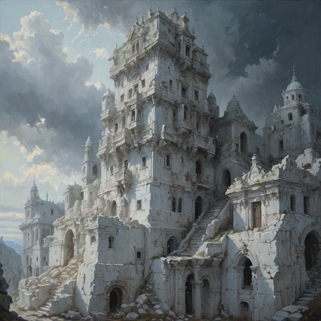 Mythological Building in Fantasy Landscape, Oil Painting