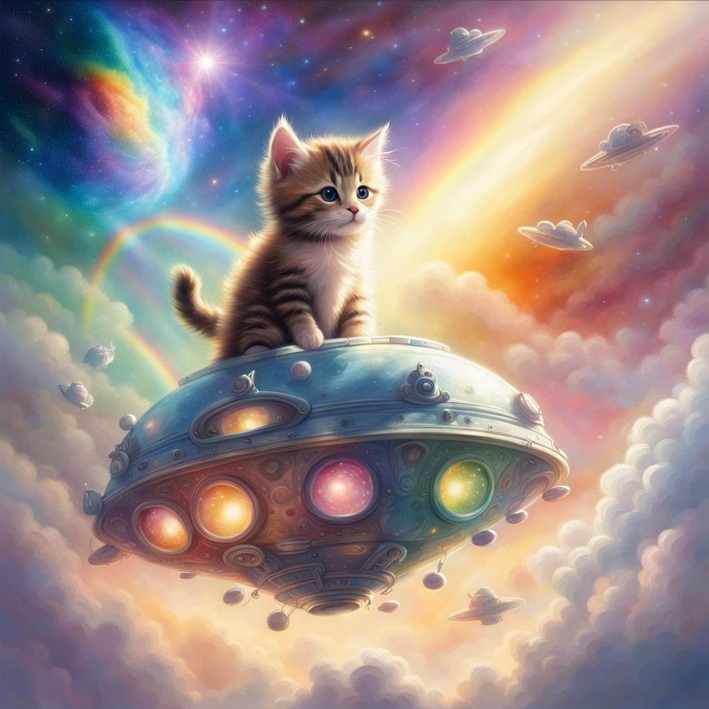 Fluffy Kitten Spaceship Soaring Through Rainbow Galaxy
