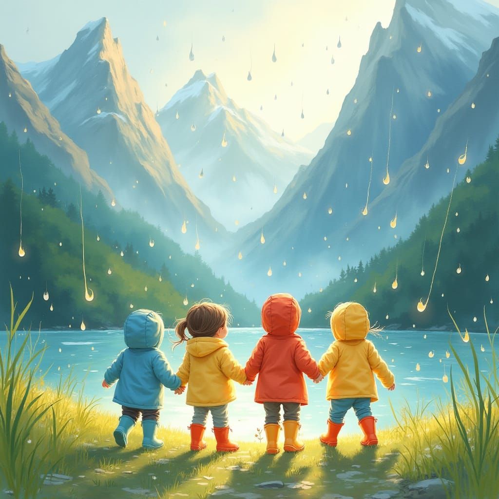 Children Chase Rainbows in a Whimsical Landscape