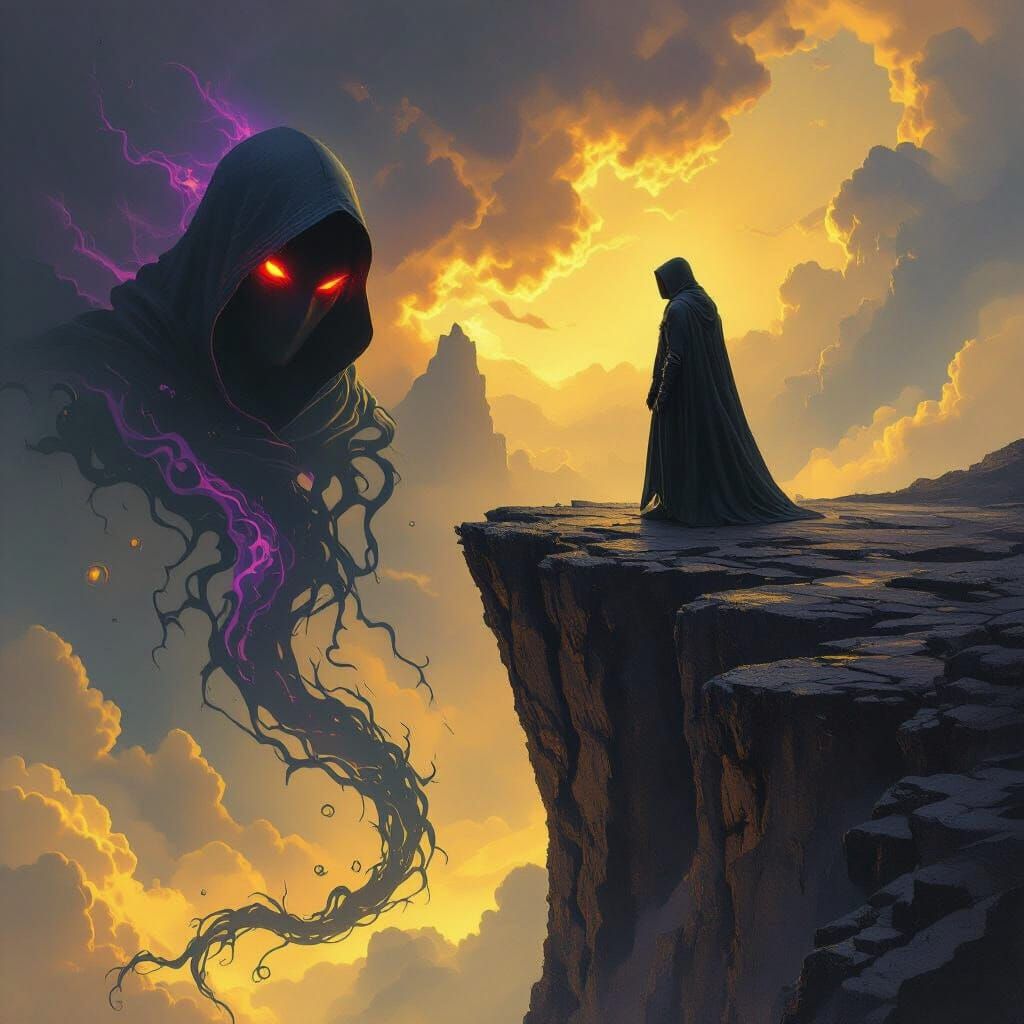 Hooded Figure Overlooking Shadow Sea