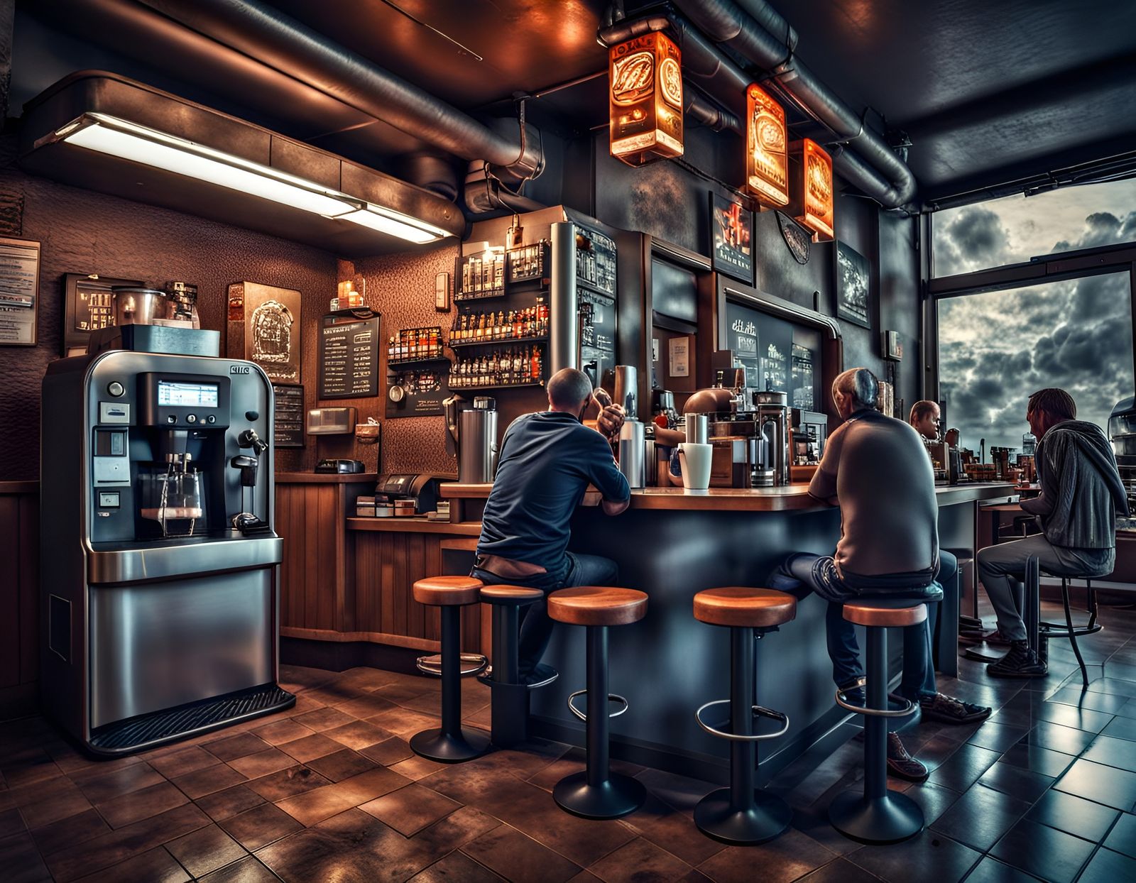 Robots Recharging at Futuristic Snack Bar