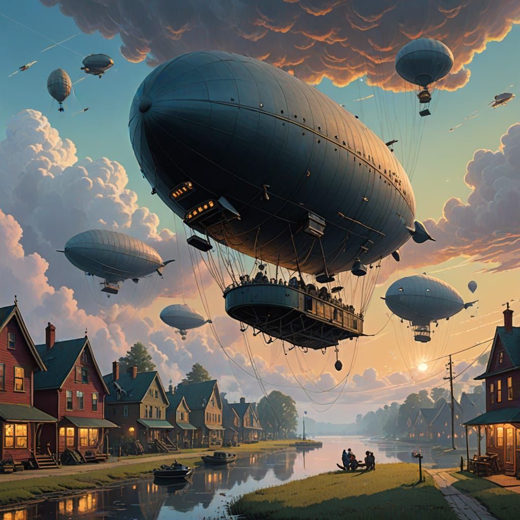 Enchanted Sky of Whimsical Zeppelins in Dreamy Atmosphere