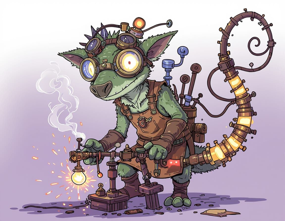 Kobold Artificer Tinkering in a Whimsical Workshop