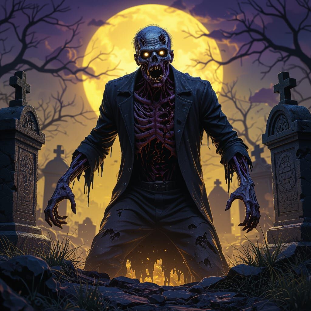 Terrifying Zombie Rises from Crypt in Dark Fantasy Graveyard