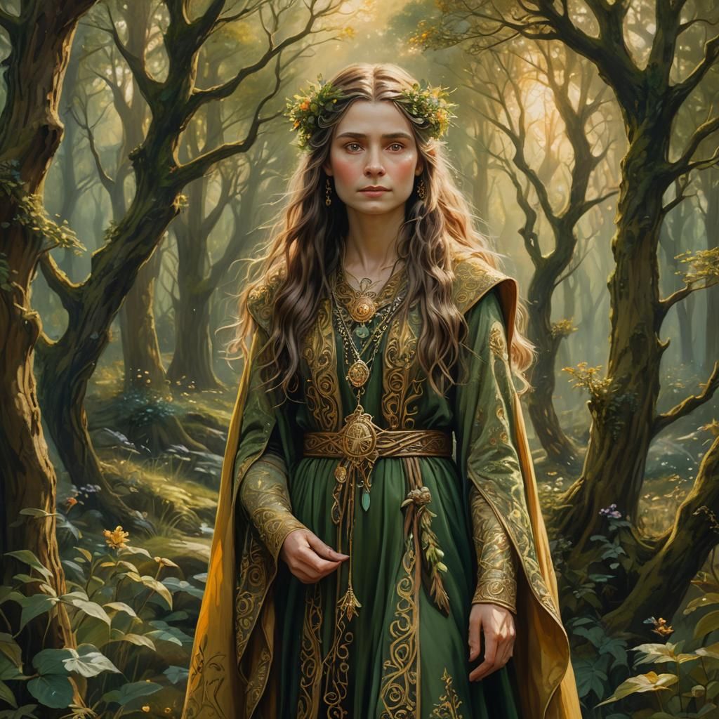 Hobbit Priestess in Forest Glade, Mythic Realism Style