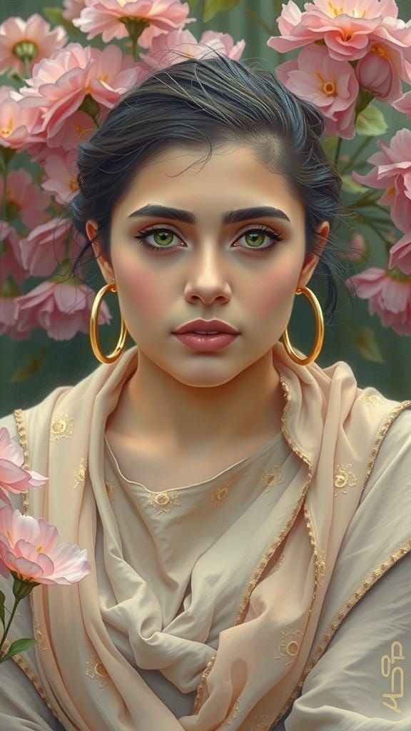 Palestinian Woman in Bohemian Dress, Polychromatic Oil Paint...