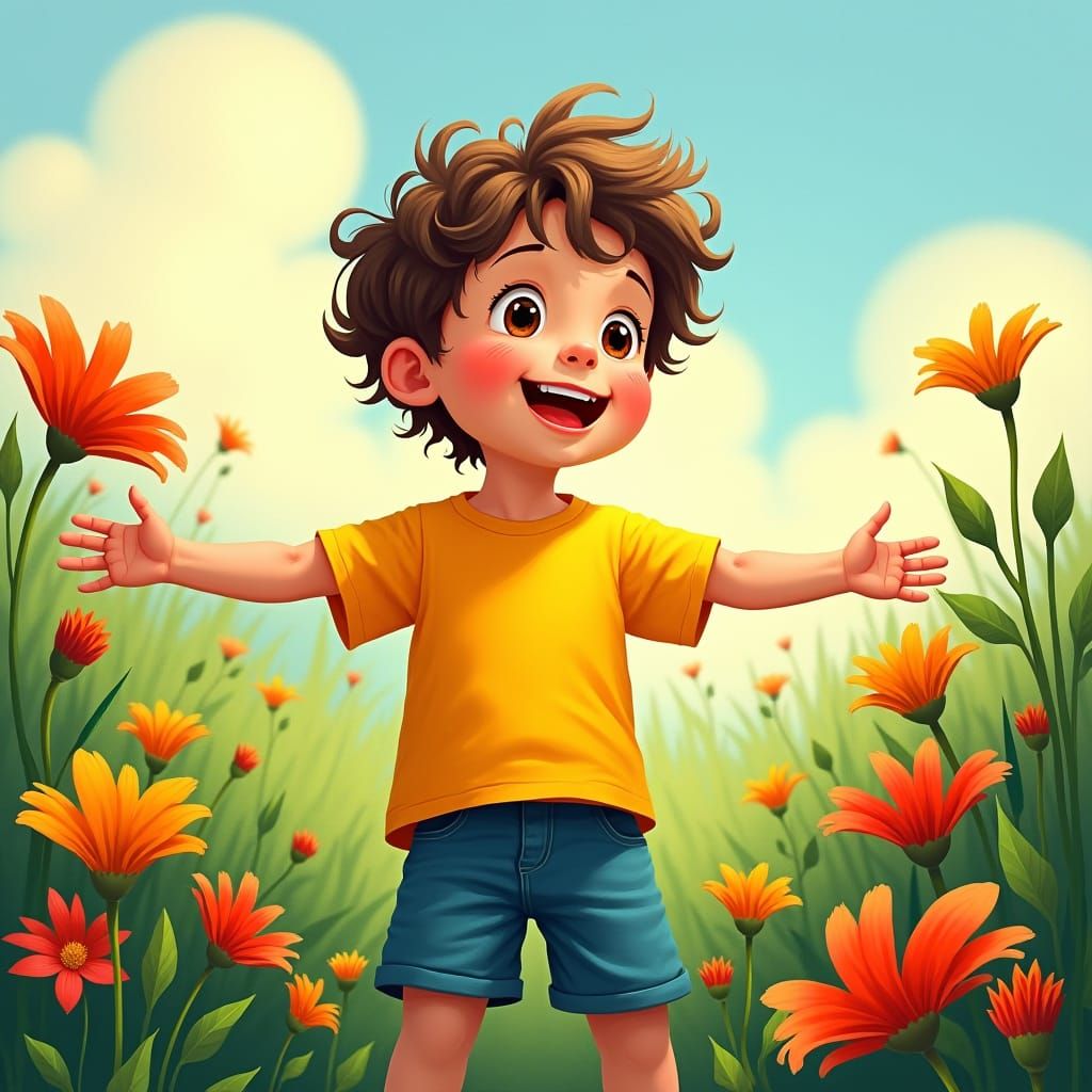 Boy in Meadow Asks About Seasons, Hyperrealistic Portrait