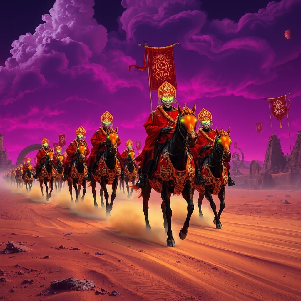 Cyberpunk Cardinals Ride Radiant Horses Through Ancient Dese...
