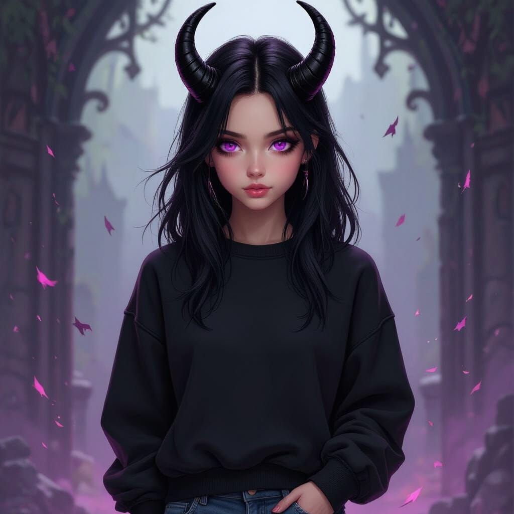 Gothic Fantasy Teen Girl with Horns in Dramatic Lighting