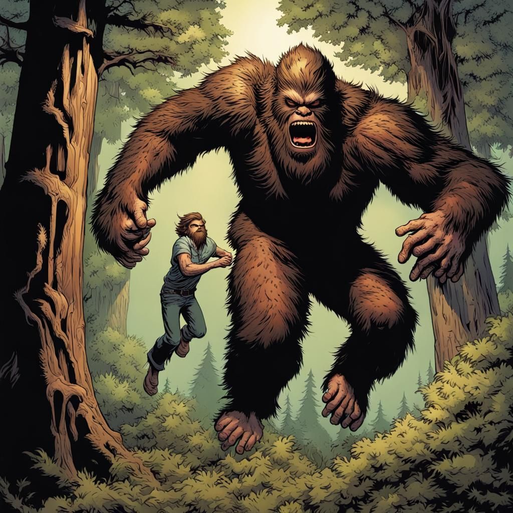 Bigfoot Attacks Hero in Comic Book Art Style