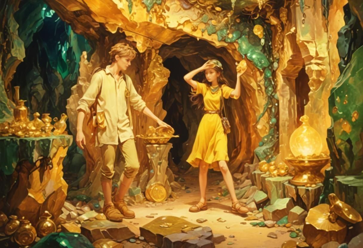 Malachite Grotto with Teenager and Woman Amidst Treasure