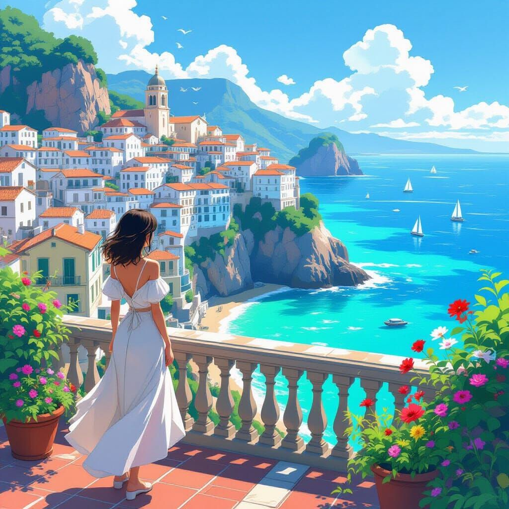 Anime Woman Gazing at Turquoise Sea in Cliffside Town