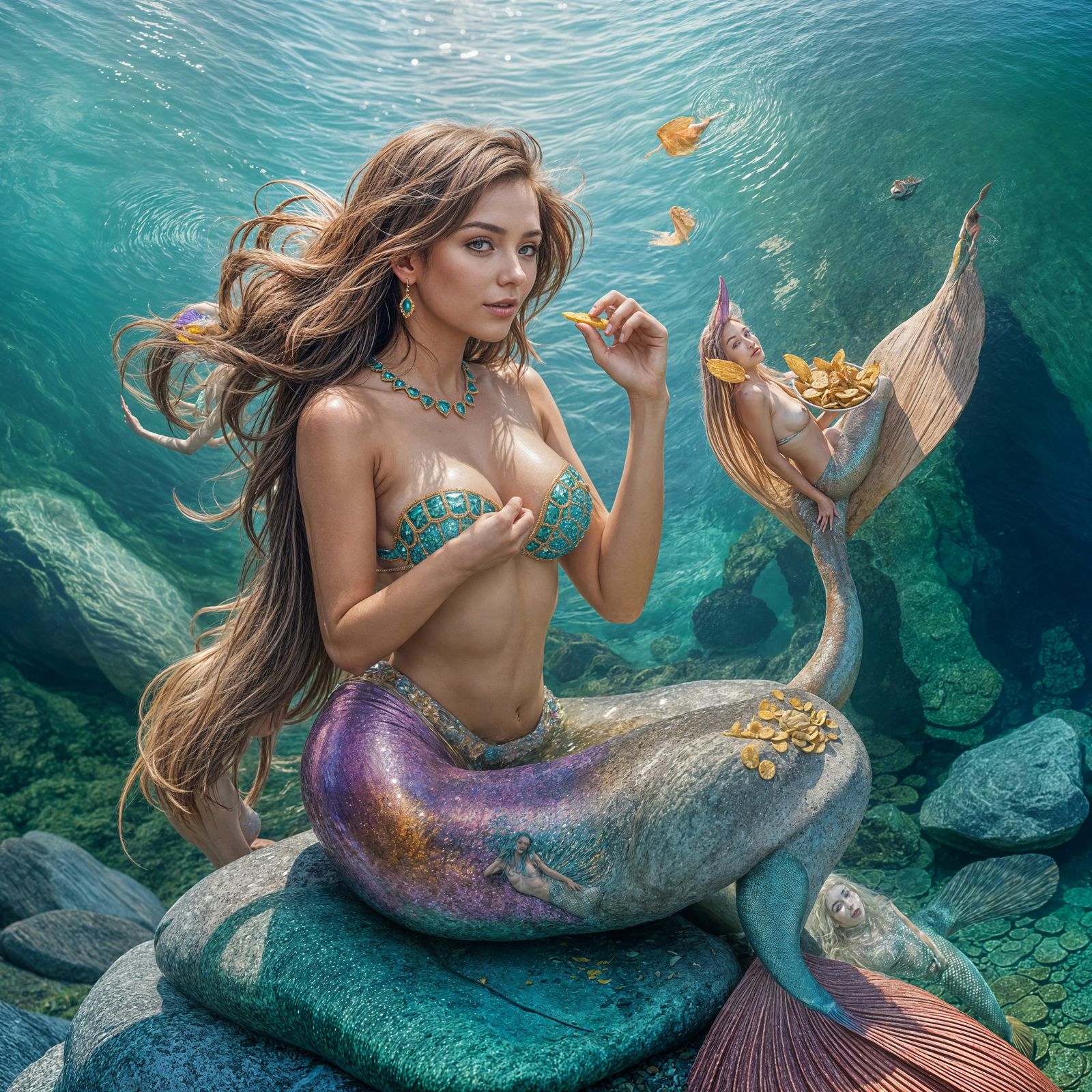 Beautiful Mermaid Eating Chips on a Rock