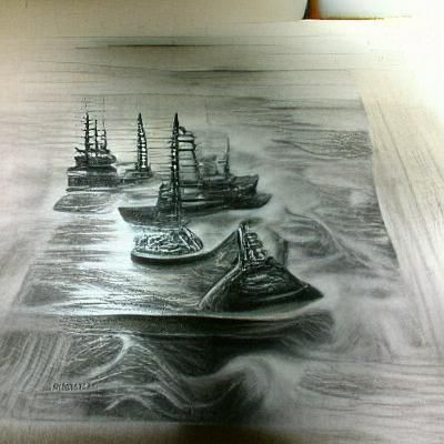 Detailed Charcoal Drawing of Ships at Sea