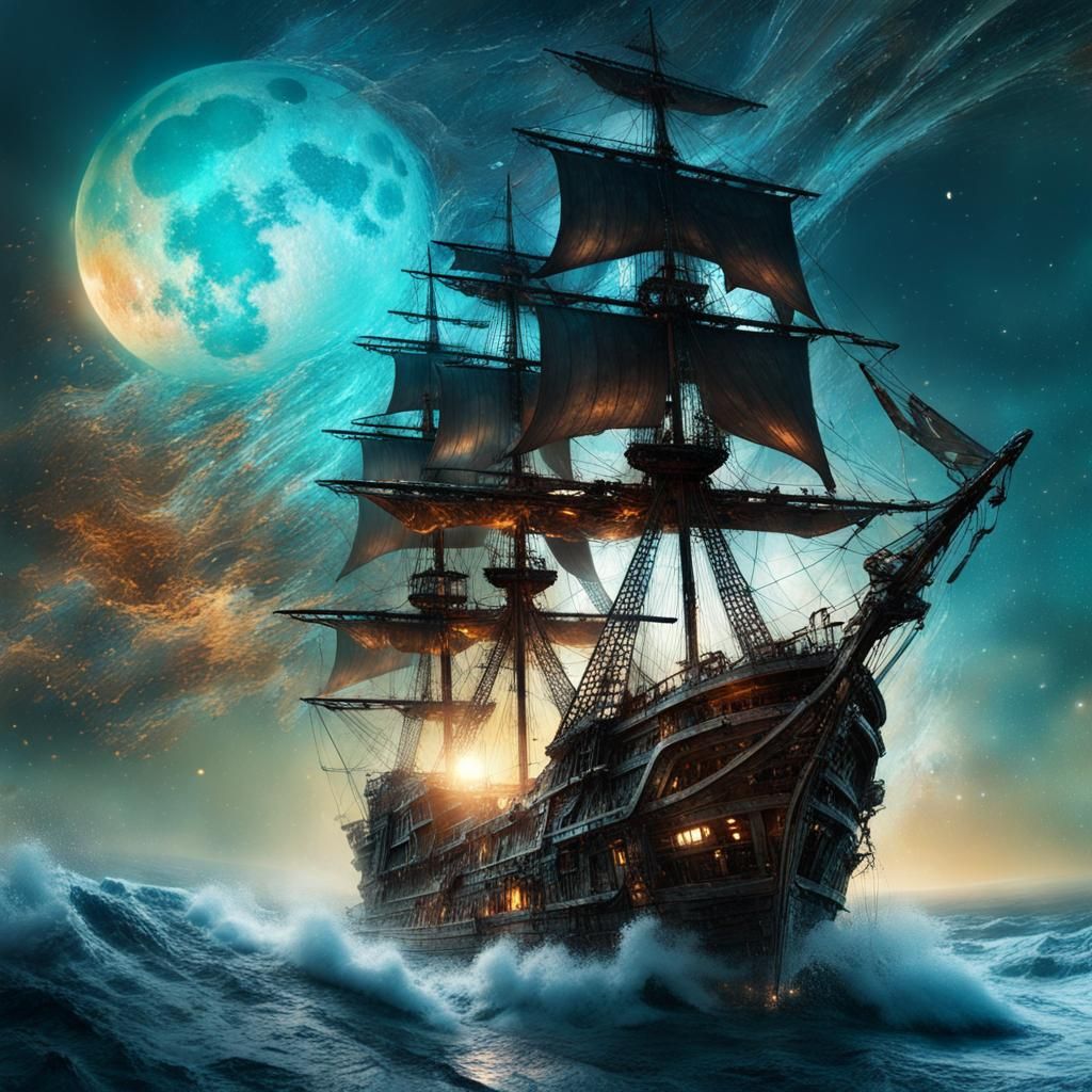 Pirate Ship Evading Spaceship in Moonlight