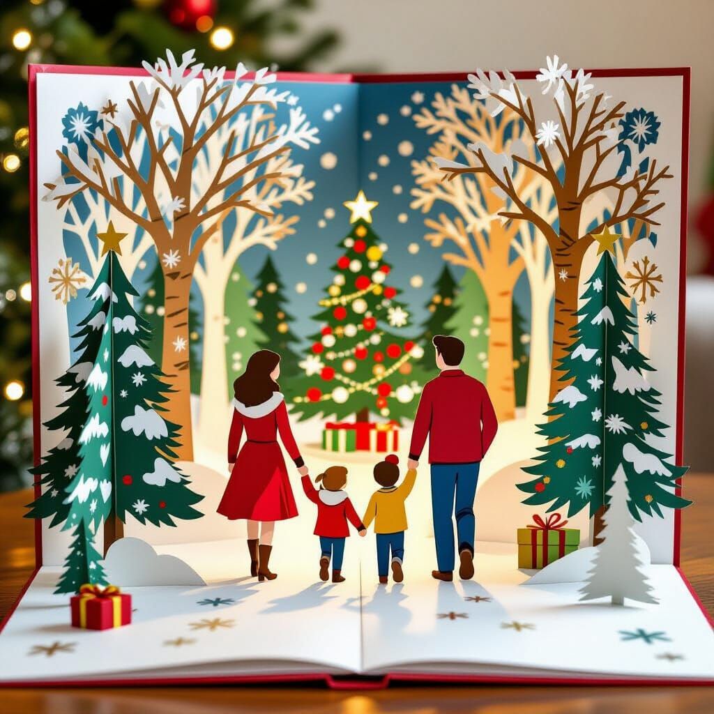 Family Christmas Tree Hunt in Pop-Up Book Style