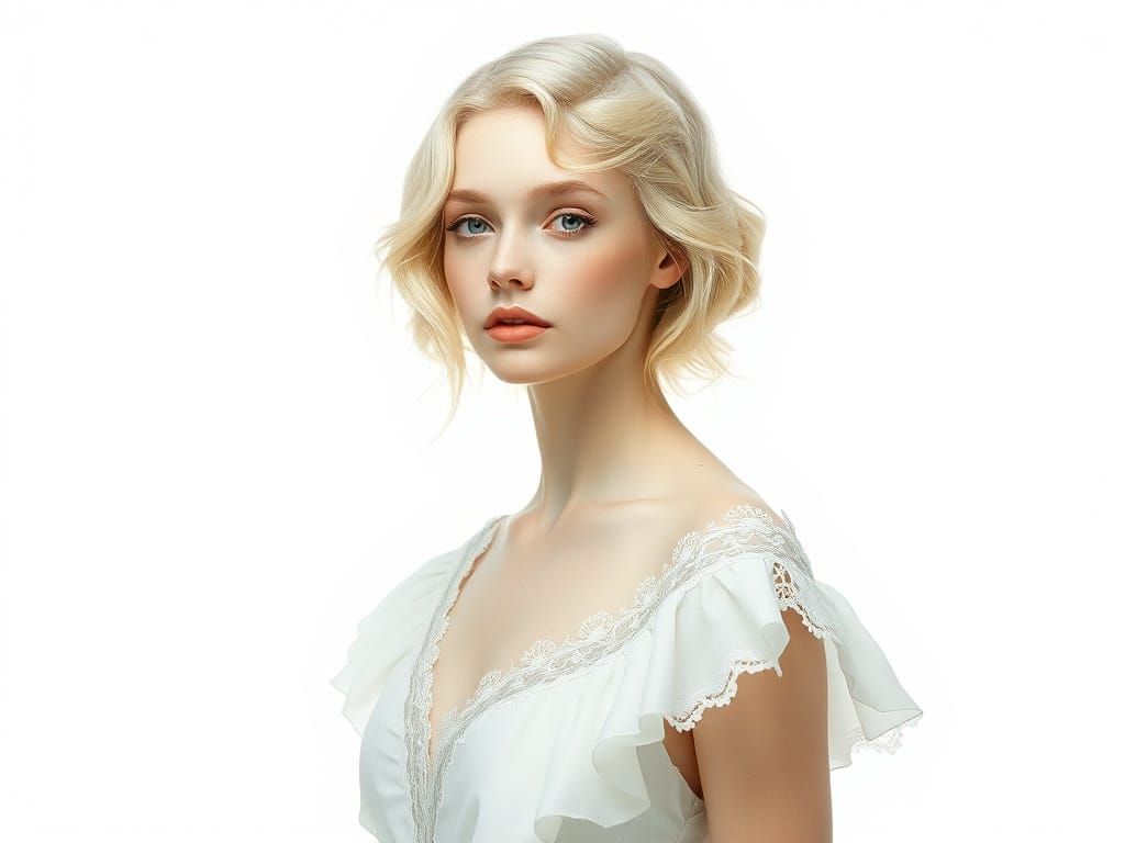 Ethereal Platinum Blonde Goddess in Elegant White Dress