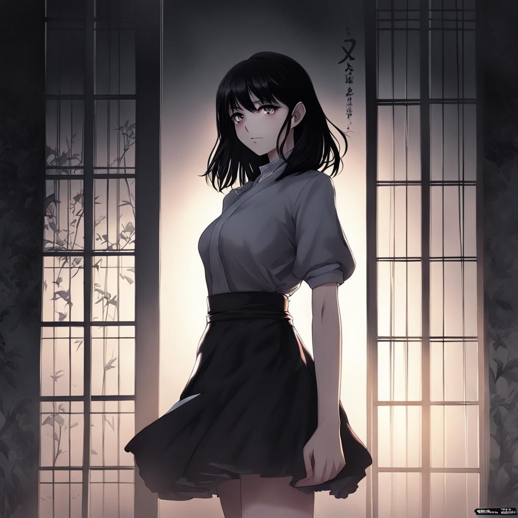 Anime Woman in Dark Doorway, Manga Style