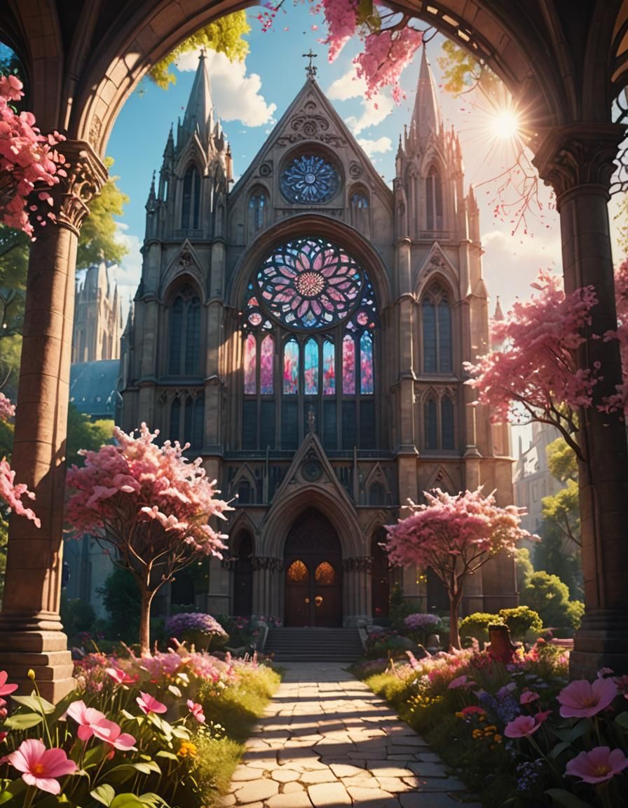 Cathedral with Pink Flower, Digital Matte Painting