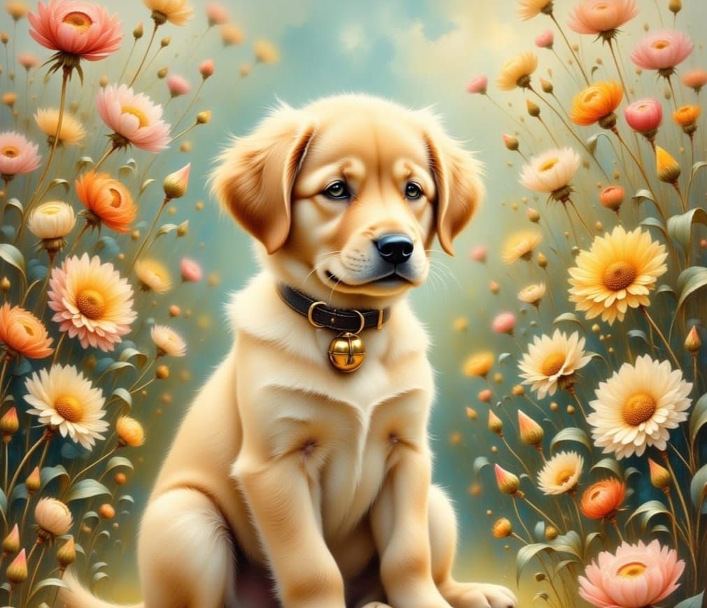 Whimsical Garden Scene with Puppy in Watercolor Oil Paint St...