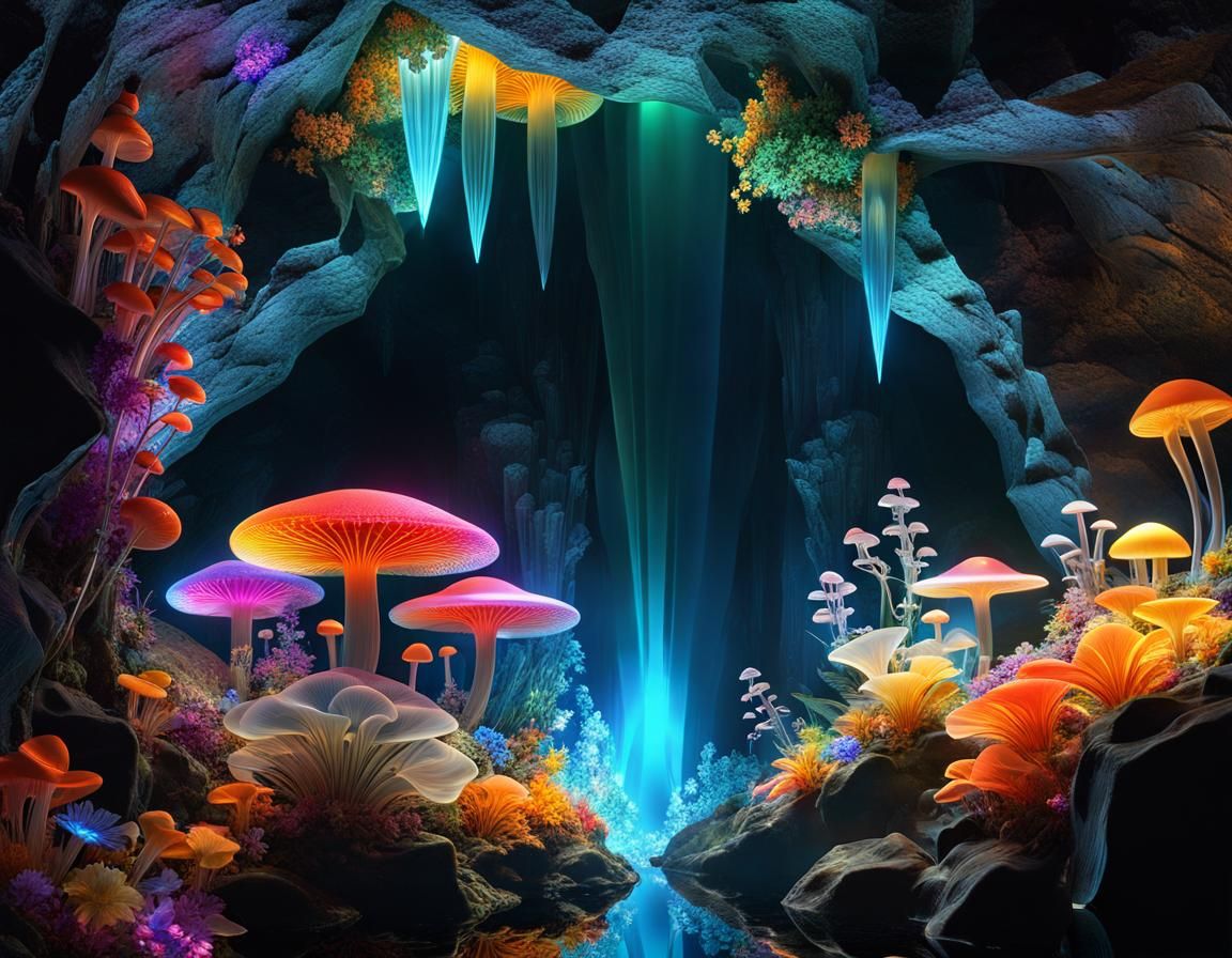 Glass Crystal Cave with Bioluminescent Flora