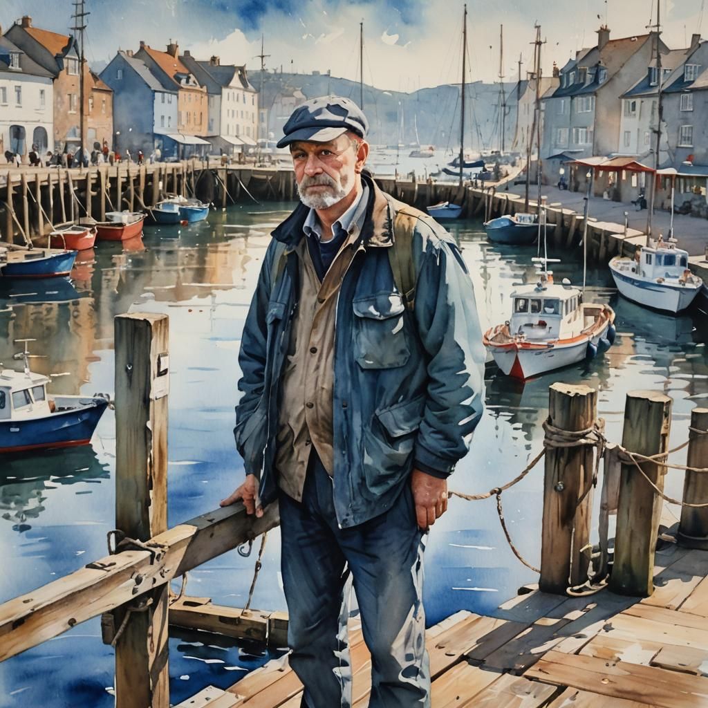 Watercolor Harbour Master at Seaside Town