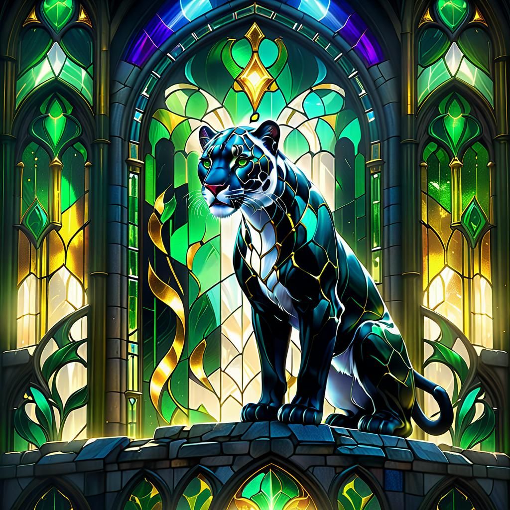 Glowing White Panther in Vibrant Stained Glass