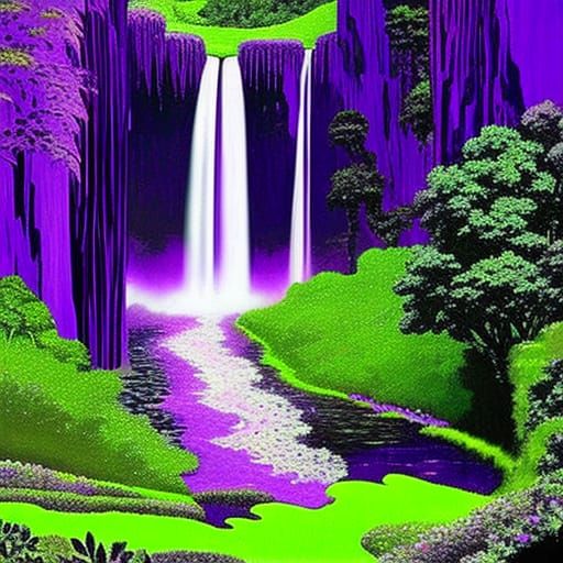 Surreal Waterfall Scene with Purple Plants
