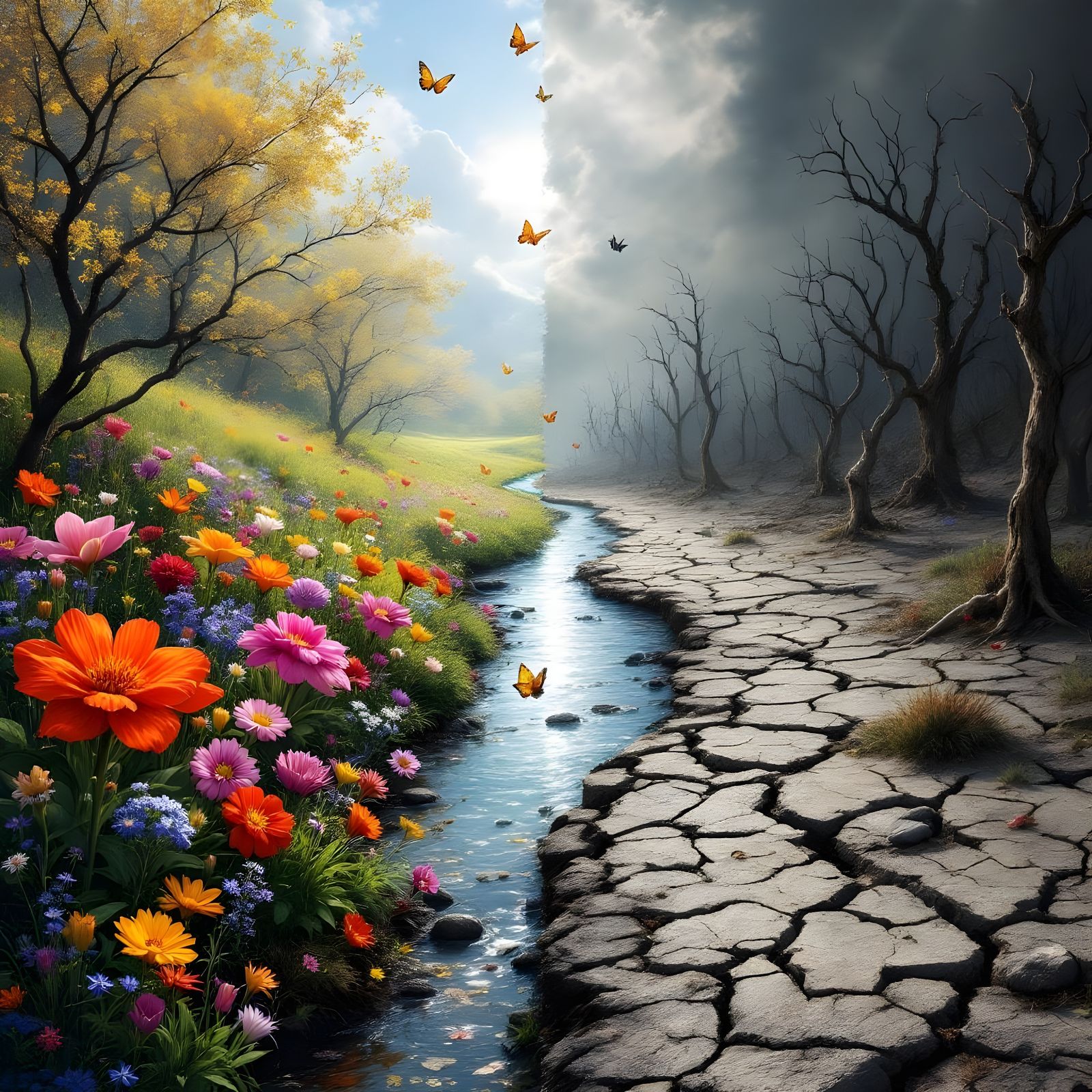 Vibrant Spring Meets Barren Wasteland