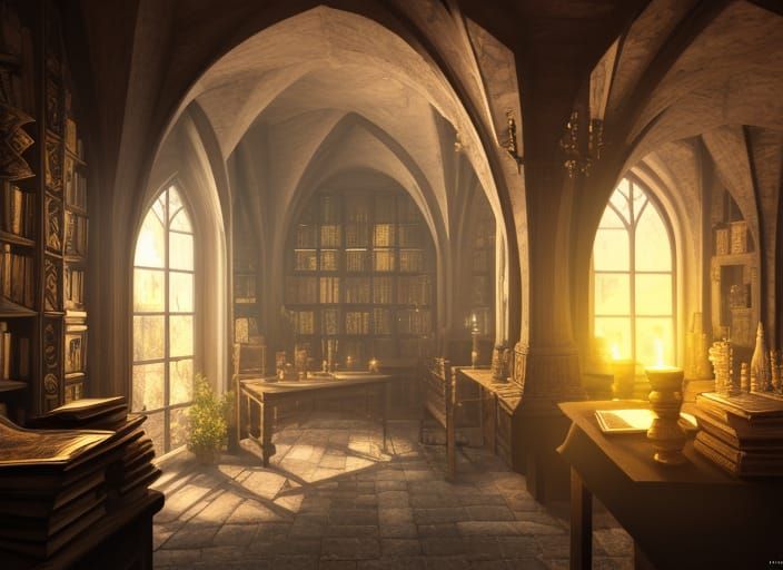 Detailed Alchemist Room with Gothic Arches and Lanterns