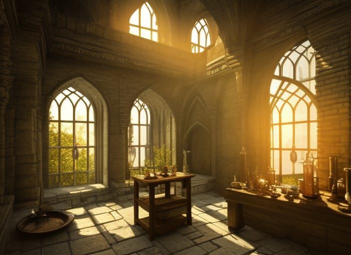 Detailed Alchemist Room with Gothic Arches