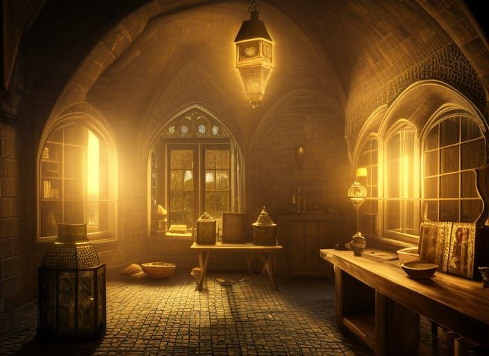 Detailed Alchemist Room with Gothic Arches and Lanterns