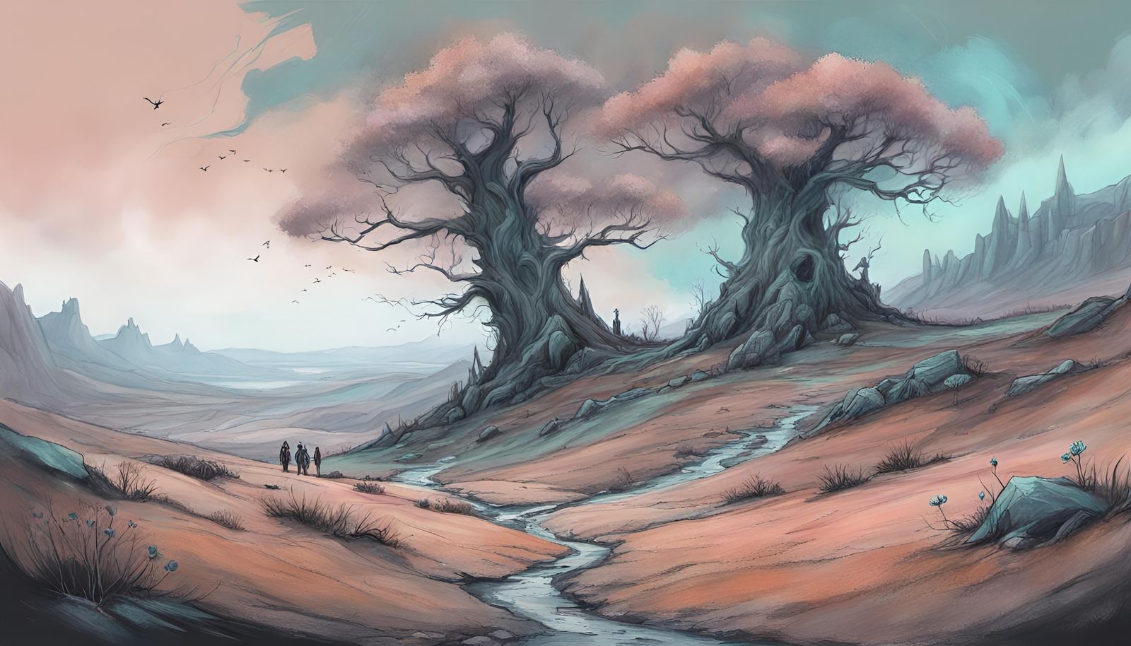 Barren Landscape with Fae Folk in Digital Art Style