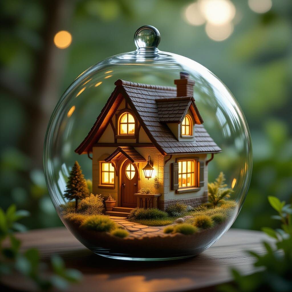 Cozy Tiny House in Glass Terrarium, Whimsical Illustration