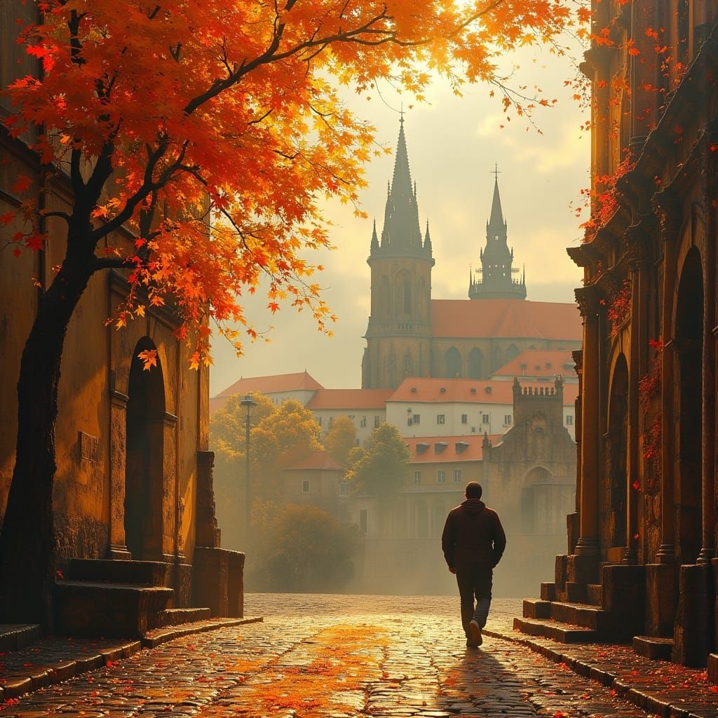 Cozy Prague Street View in Dark Oil Paint Style