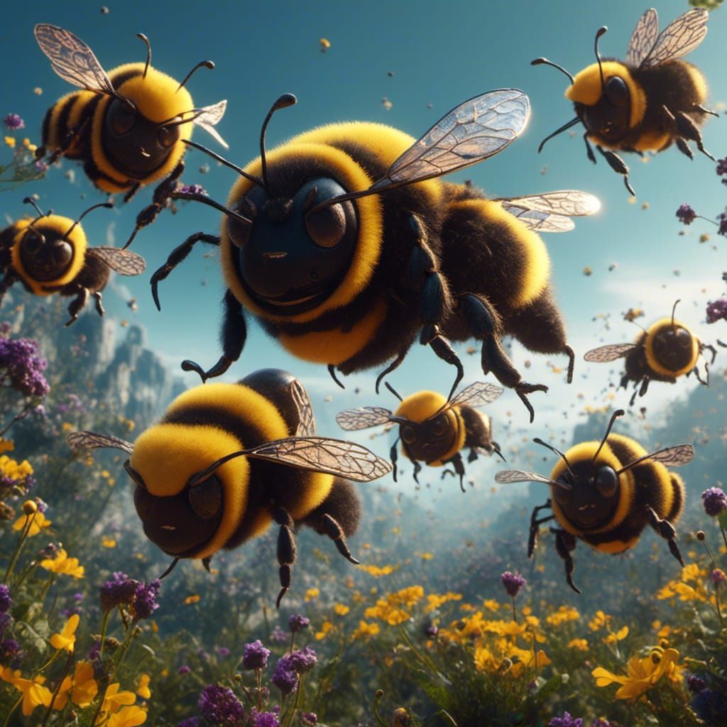 Detailed Digital Painting of Flying Bumble Bees