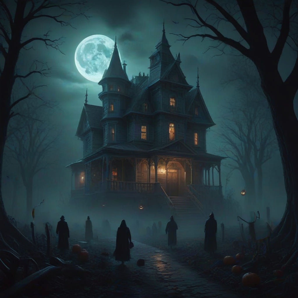 Haunted Halloween Manor with Eerie Costumes and Spectral Dec...