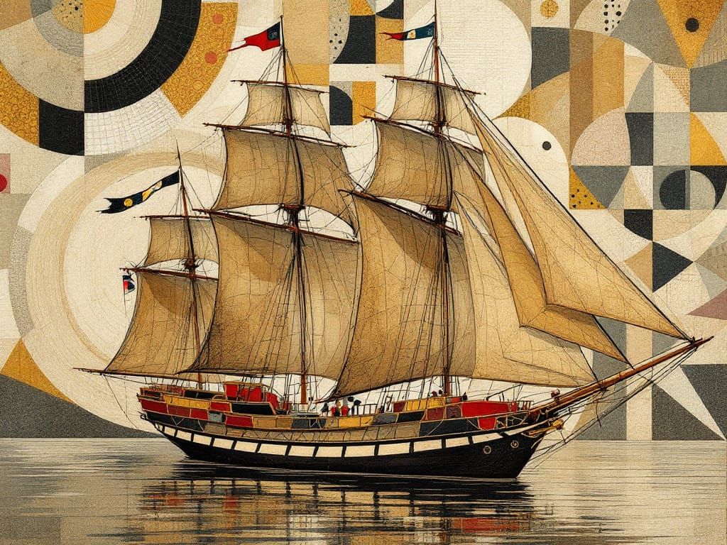 Elegant Ship in Cubist Folk Art Style
