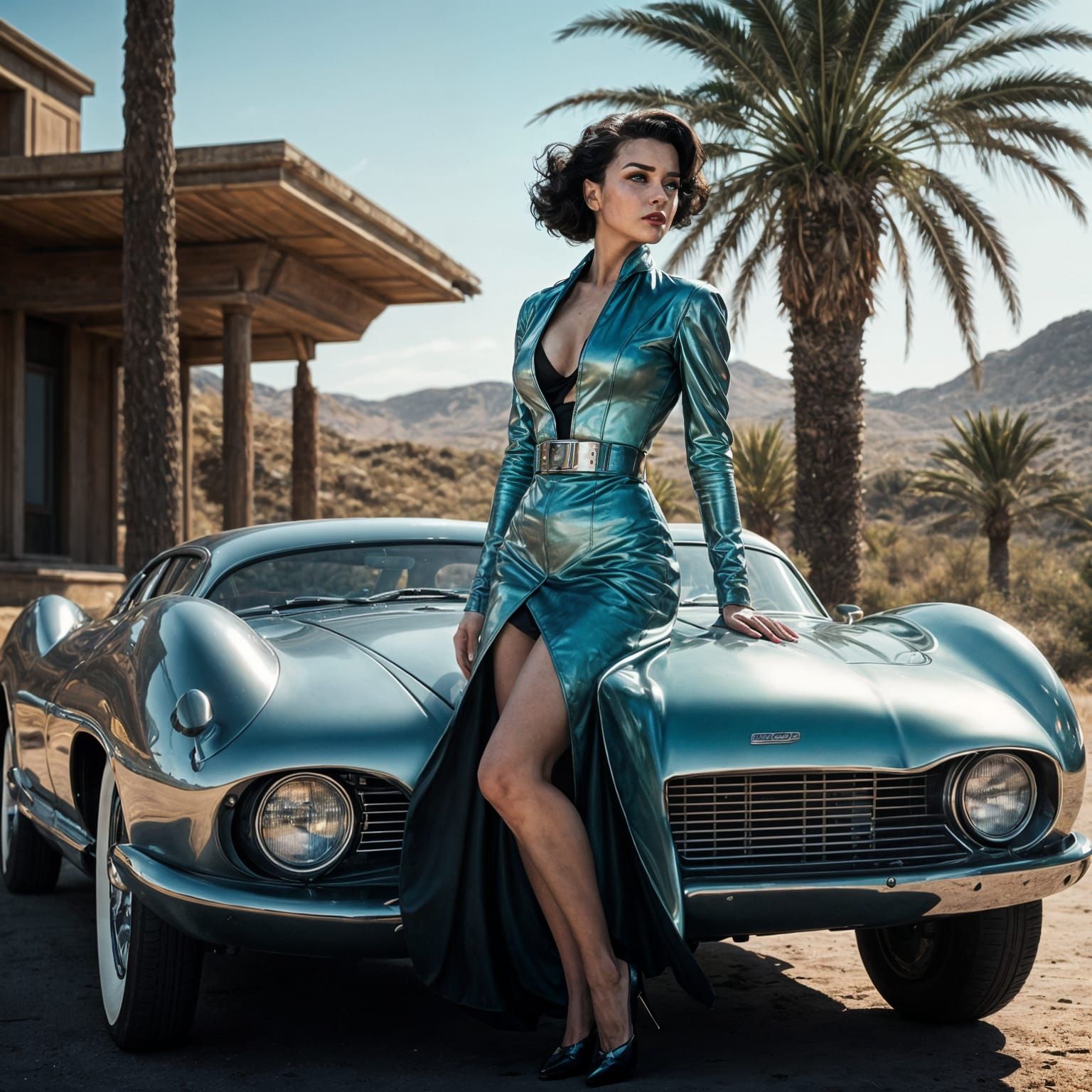 Retro-Futuristic Pin-Up Girl on Hovercar: Cinematic Film Sti...