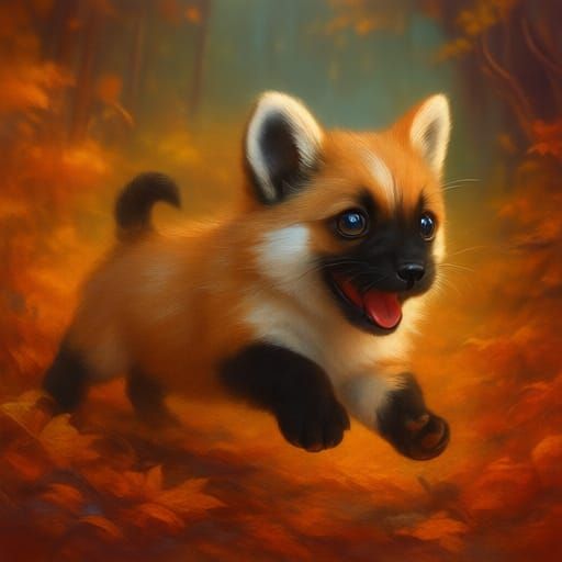 Cute Puppy and Fox Play in Autumn Leaves by Waterfall