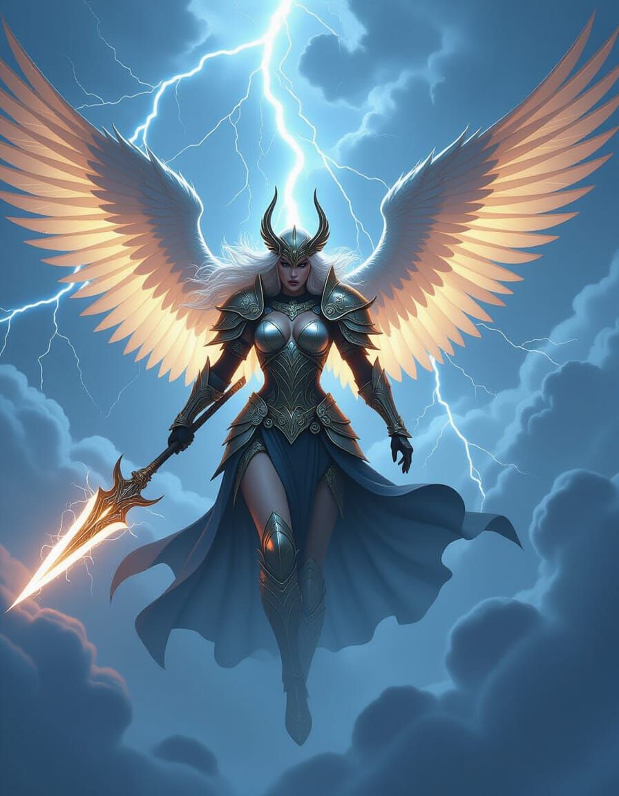 Valkyrie Descends from Storm Clouds in Epic Fantasy Art Styl...