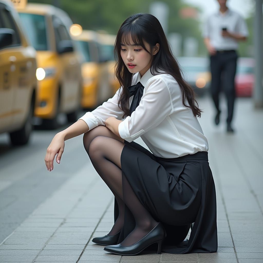 Woman Squats in Sapporo Street Amidst Morning Commute