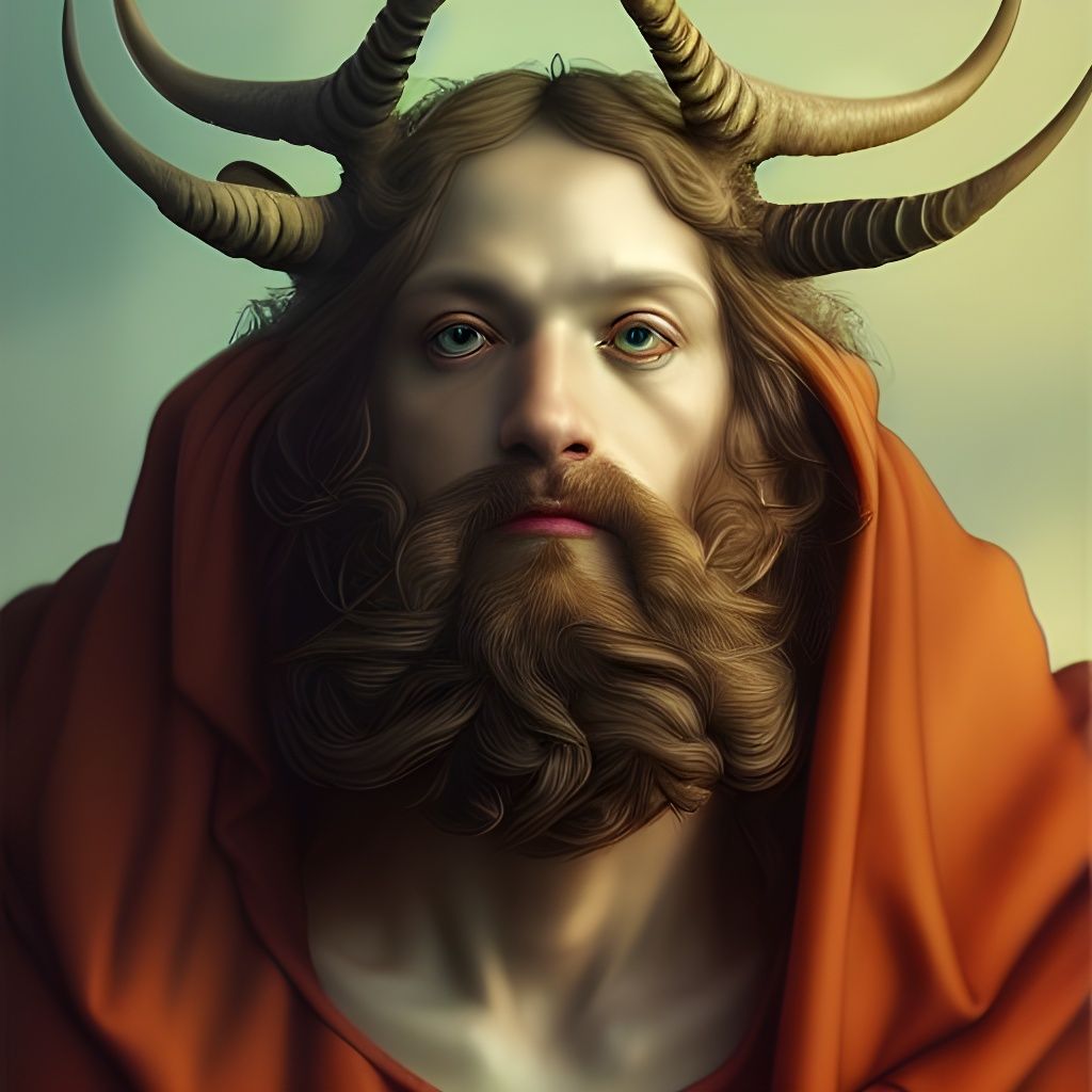 Satyr Portrait with Horns in Detailed Line Art