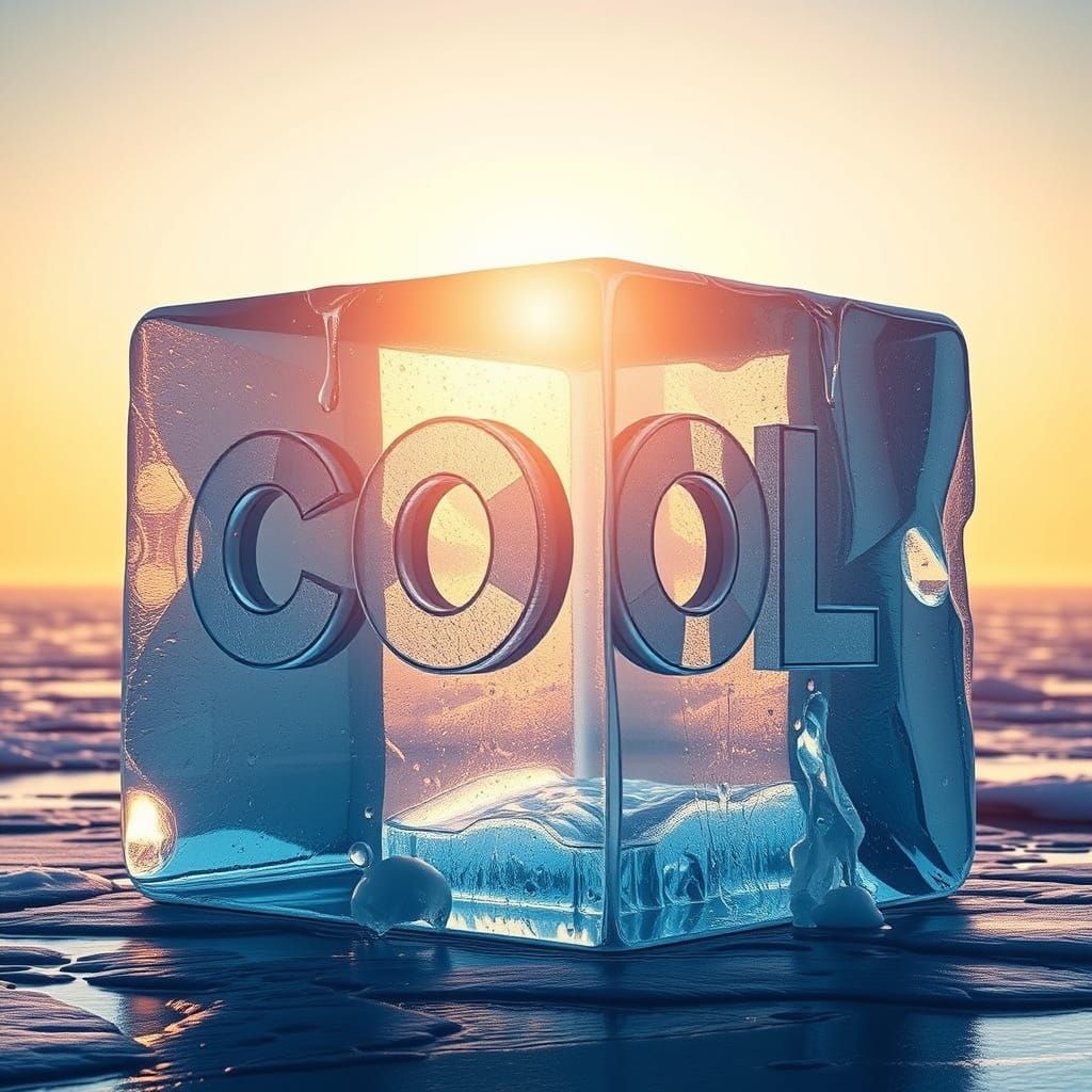 Melting Ice Cube with 'COOL' in Sunlight