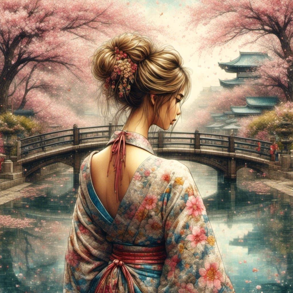 Stunning Geisha on Ornate Bridge in Pointillism Mosaic